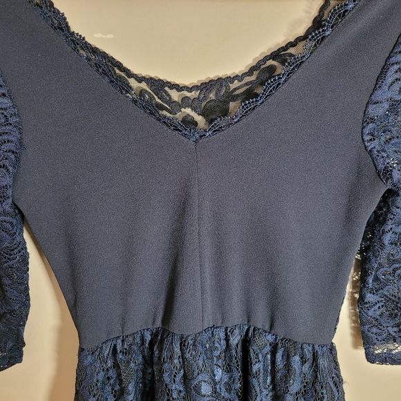 Navy Blue Dress with Elastic Waist 3/4 Sleeves and Lace Overlay - Picture 16 of 16